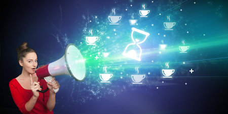 Young person with megaphone and sand glass icon, new business model conceptの写真素材