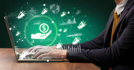 Business hand working on laptop, successful business concept