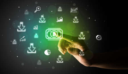 Businessman finger touching on screen multimedia interface with hand drawn currency icons