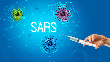 Syringe, medical injection in hand, coronavirus vaccine conceptの写真素材