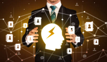 Hand holding social media iconsの写真素材