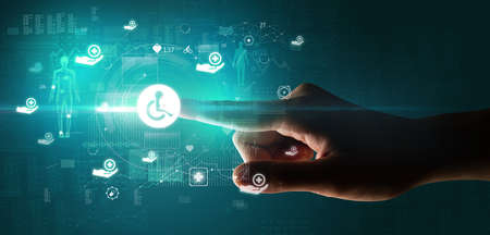 Doctor hand pressing futuristic health device with medical symbol on screen