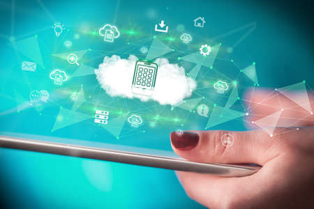Close-up of a touchscreen with technology icons