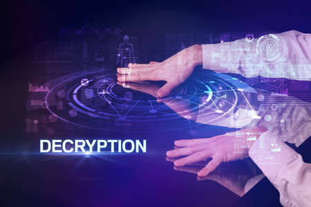 Businessman touching huge display concept. DECRYPTIONの写真素材