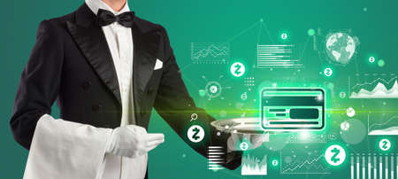 Handsome young waiter in tuxedo holding currency icons on tray