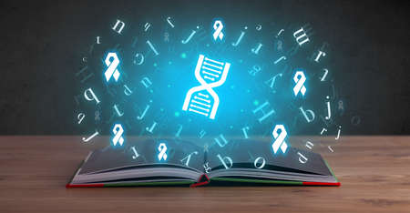Open medical book with health icons above