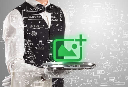 Close-up of waiter serving social media icons