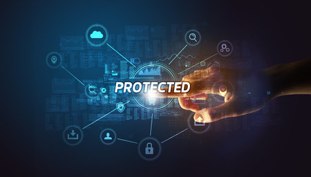 Hand touching cybersecurity button conceptの写真素材