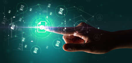 Businessman hand pressing stock graphic information on multitouch screenの写真素材