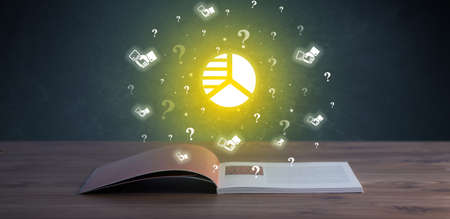Open book with business icons above