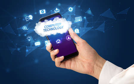 Hand using smartphone with cloud technology conceptの写真素材