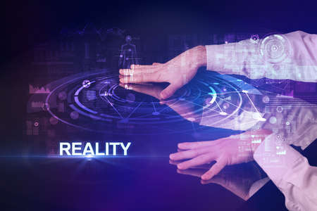 Businessman touching huge display conceptの写真素材
