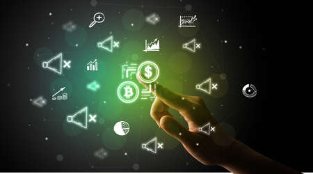 Businessman finger touching on screen multimedia interface with hand drawn currency icons