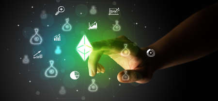Businessman finger touching on screen multimedia interface with hand drawn currency icons