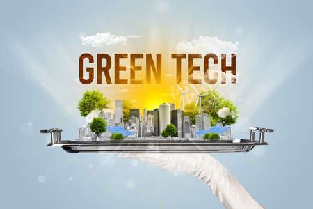 Waiter serving eco cityscape conceptの写真素材