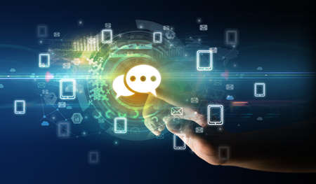 touching with soft gesture multimedia screen with future technology conceptの写真素材