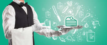 Waiter holding silver tray with food icons above