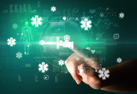 Doctor hand pressing futuristic health device with medical symbol on screenの写真素材