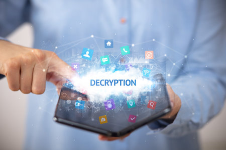 Businessman holding a foldable smartphone, technology conceptの写真素材