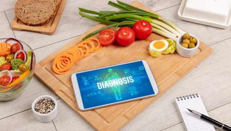Tablet Pc with fruits, medical conceptの写真素材