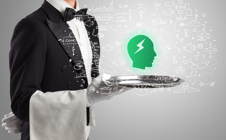 Close-up of waiter serving social media iconsの写真素材