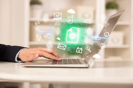 Businessman working on laptop with new business conceptの写真素材