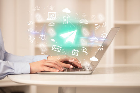 Businessman working on laptop with new business conceptの写真素材