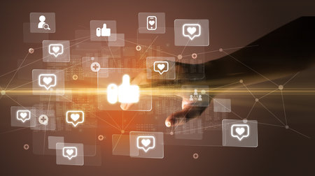 Hand pressing social media multimedia application screen with media icons on futuristic conceptの写真素材