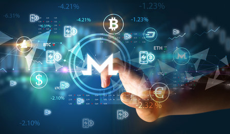 Business person hand pushing currency symbol on multimedia touch screenの写真素材