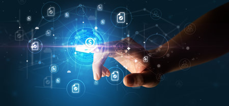 Businessman hand pressing stock graphic information on multitouch screenの写真素材