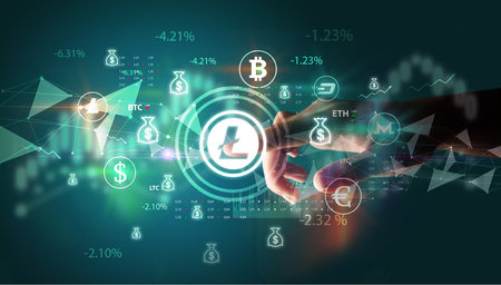 Business person hand pushing currency symbol on multimedia touch screenの写真素材
