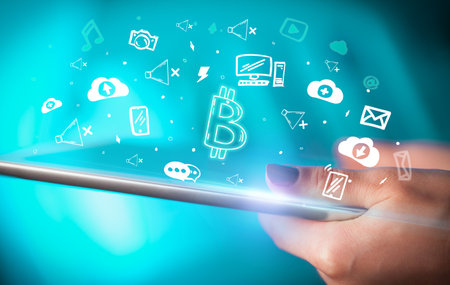 Close-up of a touchscreen with hand drawn iconsの写真素材