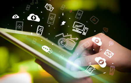 Close-up of a touchscreen with hand drawn iconsの写真素材