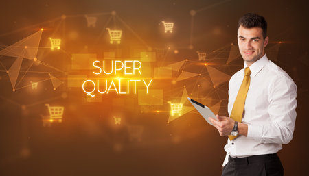 Businessman thinking about shopping concept conceptの写真素材