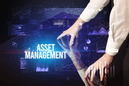Businessman touching huge screen concept conceptの写真素材