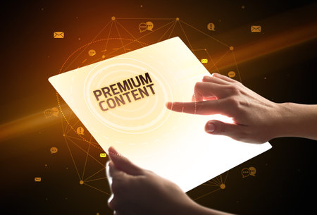 holding futuristic tablet, social media conceptの写真素材