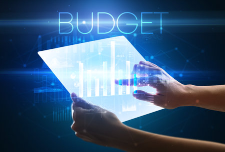Hand holding futuristic, business conceptの写真素材