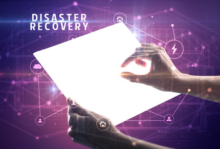 Holding futuristic tablet, security conceptの写真素材
