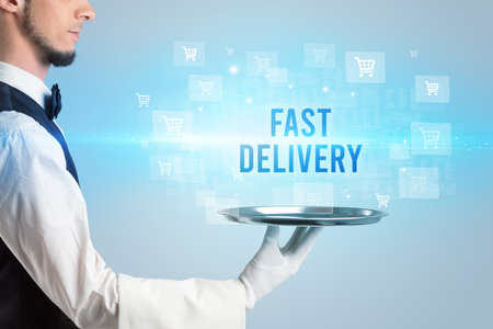 Waiter serving online shopping conceptの写真素材