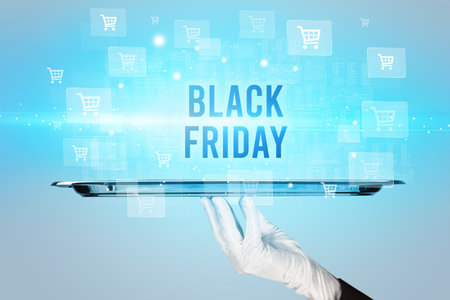 Waiter serving online shopping conceptの写真素材