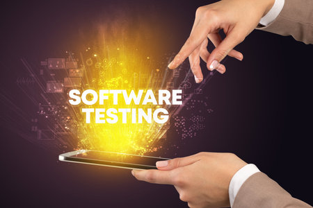 Close-up of a touchscreen with inscriptionの写真素材