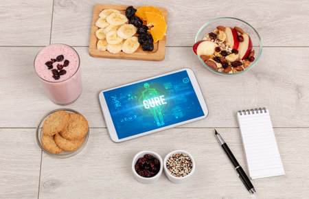 Tablet Pc with fruits, medical conceptの写真素材