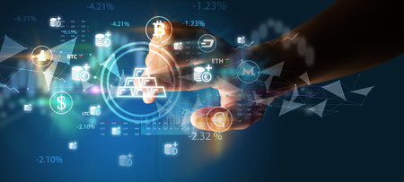 Business person hand pushing currency symbol on multimedia touch screenの写真素材