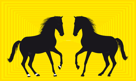 Silhouette of playing horses on a difficult yellow background.のイラスト素材