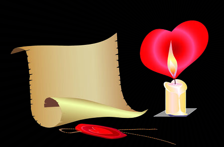 Burning candle, red heart, ancient roll of a paper.のイラスト素材