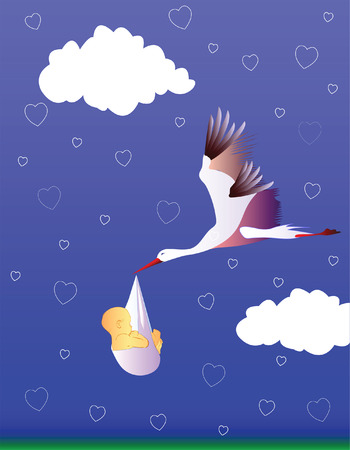 Stork and flying in the sky of love ... Vector illustrationのイラスト素材