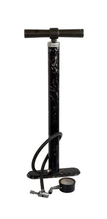 Old car manual air pump and a pressure gauge for measuring pressure. White backgroundの写真素材