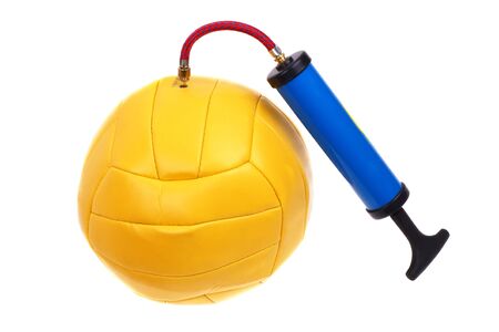 Pumping a yellow ball pump. White background.の写真素材