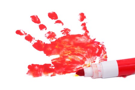 Cildren's Hand Print on White and red felt penの写真素材