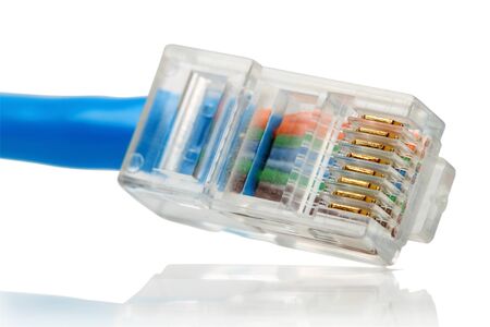 Cable network connection isolated on a white background. An Ethernet RJ45 cable.